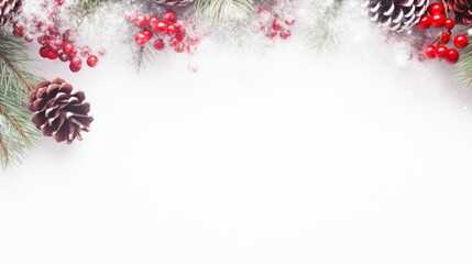 A white background with red and green berries on a pine tree.copy space