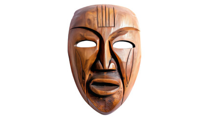 A wooden mask rests on a white background