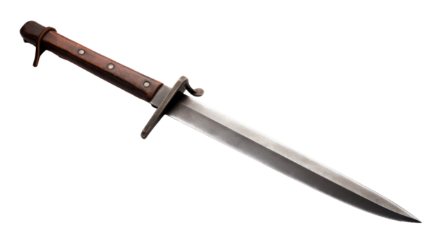 A large knife with a wooden handle, resting on a stark white background