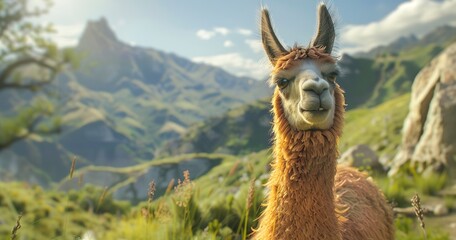 Llama on hiking trail, close-up, serene companion, mountain view, soft, detailed fur, peaceful.