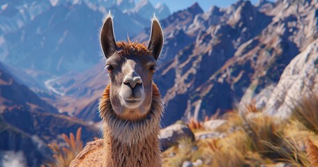 Obraz premium Llama on hiking trail, close-up, serene companion, mountain view, soft, detailed fur, peaceful. 