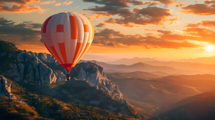 Large, colorful, airy, flying balloons in the sky over the mountains, - Powered by Adobe