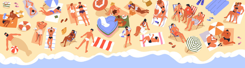 Beach banner with people crowd sunbathing and relaxing on sand. Tiny tourists characters resting at sea resort, seaside relaxation on summer holiday, vacation, top view. Flat vector illustration - obrazy, fototapety, plakaty