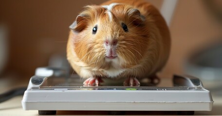 Guinea pig, weight scale, close-up, health monitoring, indoor, clear, focused, informative. - obrazy, fototapety, plakaty