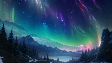 Northern lights in the night sky over the winter forest. 3d rendering, AI Generated