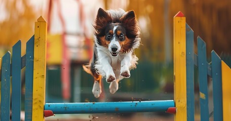 Dog, agility course jump, close-up, dynamic action, focused determination, clear detail. 