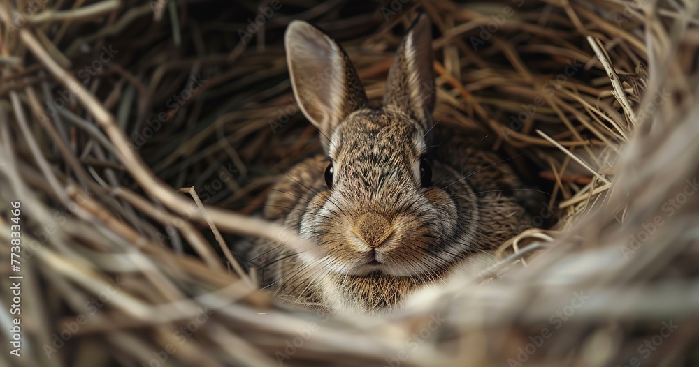 Wall mural Rabbit, safe in new home, close-up, cozy nest, soft light, comfort, detailed, tranquil mood.  - Wall murals