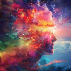 Exploding head revealing a bright rainbow, representing hope and diversity in vivid, colorful tones