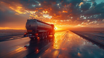 The back view of a big metal fuel tanker truck in motion shipping fuel to the oil refinery at sunset. Generative AI. - obrazy, fototapety, plakaty