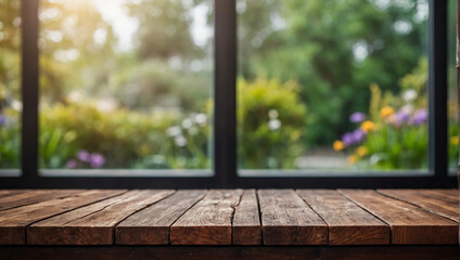 Background, mockup of an empty wooden table against a window in the garden.