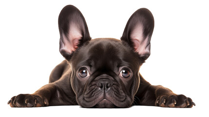 Fototapeta premium A small black dog lying peacefully on a white floor