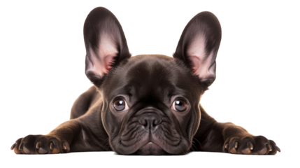 A small black dog lying peacefully on a white floor