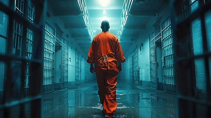 Rear view. A prisoner in a federal prison mysteriously entering a cell at night wearing an orange prisoner uniform. Generative AI. - obrazy, fototapety, plakaty