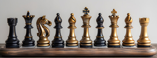 A row of chess pieces with gold and balck color. - 773834045