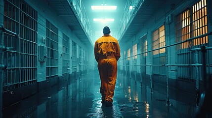 Rear view. A prisoner in a federal prison mysteriously entering a cell at night wearing an orange prisoner uniform. Generative AI.