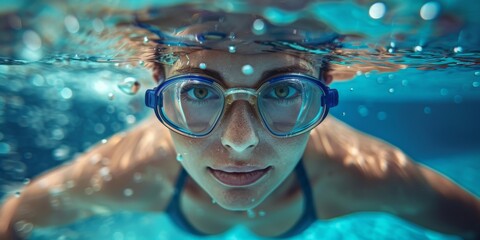 Naklejka premium Female swimmer at the swimming pool.Underwater photo.