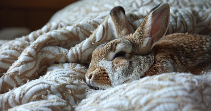 Old rabbit, resting, close-up, soft bedding, tranquil, warm, detailed, cozy comfort.