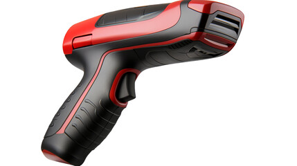 A vibrant red and black hair dryer resting on a white background