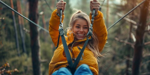 Happy women girl female gliding climbing in extreme road trolley zipline in forest on carabiner safety link on tree to tree top rope adventure park. Family weekend children kids activities concept - Powered by Adobe