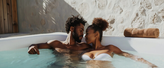 Lifestyle portrait of attractive black couple on honeymoon vacation relaxing in hot tub pool at luxury resort spa - obrazy, fototapety, plakaty