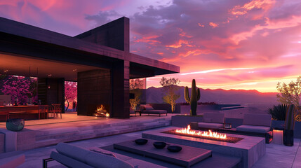 Dusk settling over a contemporary patio space, where a modern fireplace and chic seating invite...