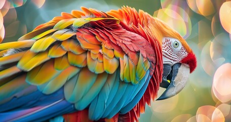 Fototapeta premium Parrot, New Year's sparkle, close-up, festive, vibrant feathers, detailed, celebratory shimmer. 