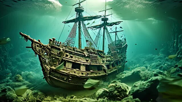 Sunken pirate ship in the deep sea. 3d rendering, AI Generated