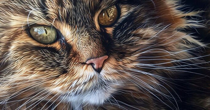Old Maine Coon cat, majestic fur, close-up, indoor royalty, detailed, serene, dignified presence. 