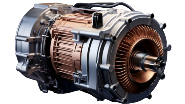 An electric motor, with wires and coils, sits on a white background