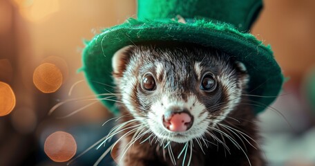 Ferret, St Patrick's Day hat, close-up, mischievous, bright, detailed, lucky charm. - obrazy, fototapety, plakaty