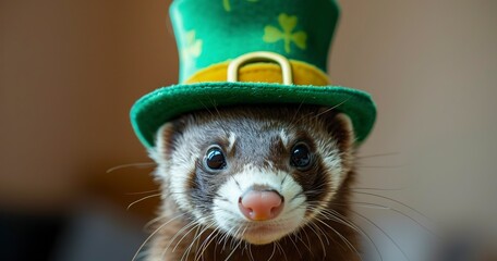 Ferret, St Patrick's Day hat, close-up, mischievous, bright, detailed, lucky charm.  - obrazy, fototapety, plakaty