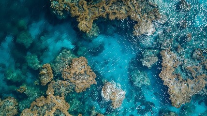coral reef in the crystal clear sea with wonderful colors seen from a bird's eye view, generated by AI