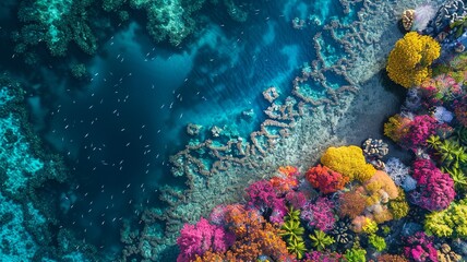 coral reef in the crystal clear sea with wonderful colors seen from a bird's eye view, generated by AI - obrazy, fototapety, plakaty