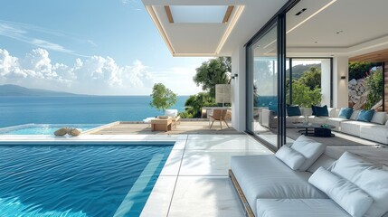 A contemporary bright luxury modern living room in a private villa with pool deck with sea view. Generative AI.