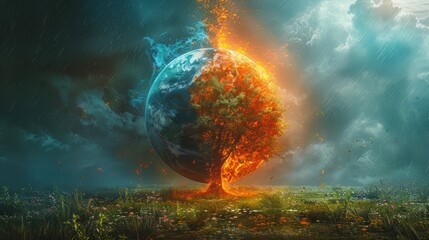 The harsh reality of climate change, featuring a burning globe under a fiery red sky on one side, contrasted with a lush, green, and thriving environment on the other side