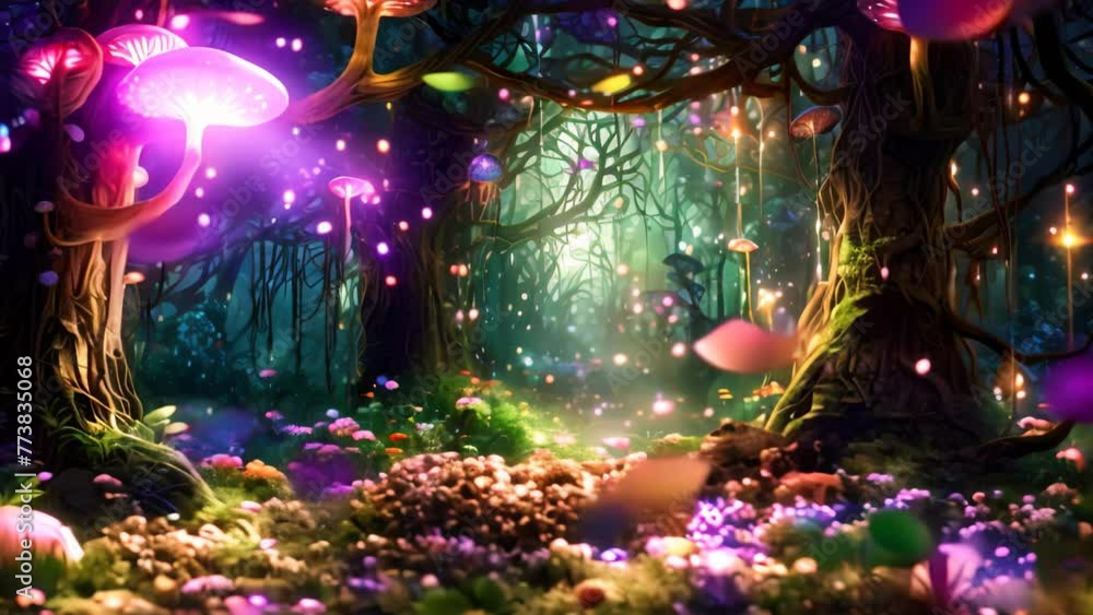 Poster explore a magical forest teeming with mushrooms and illuminated by a mesmerizing display of lights, 