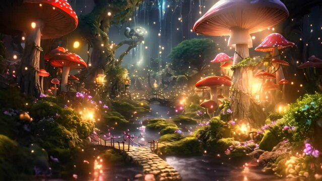 A whimsical painting of a forest illuminated by glowing mushrooms and enchanting lights, An enchanted forest with little magical creatures and sparkling mushrooms, AI Generated