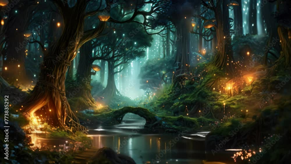 Poster illuminated forest hosting a dense array of trees, an enchanted forest with little magical creatures