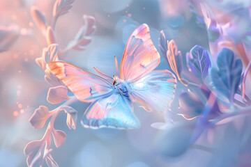 abstract background, transparent flowers and butterflies, peach, blue, pink, blue