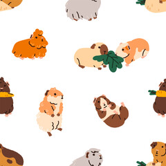 Seamless pattern, cute guinea pigs. Funny kawaii cavies, endless background, texture. Adorable animals, pets, repeating print design for fabric, wrapping, textile. Kids flat vector illustration - 773835279
