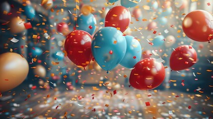 The concept of celebration, balloons and confetti. Generative AI.