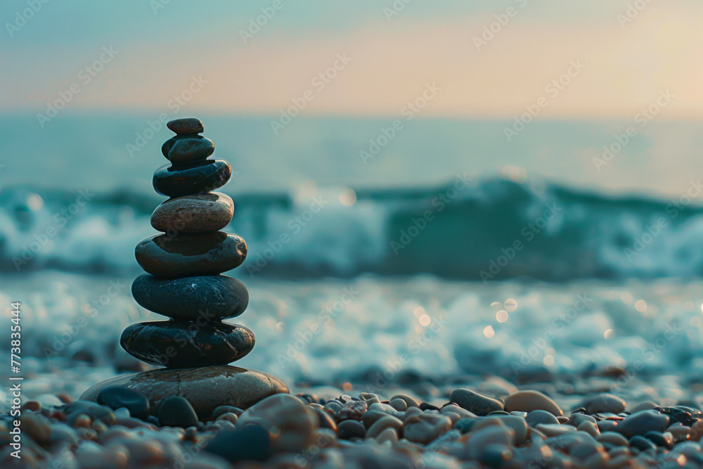 Poster zen stone stack on a sandy beach with waves crashing in the background for tranquility and balance