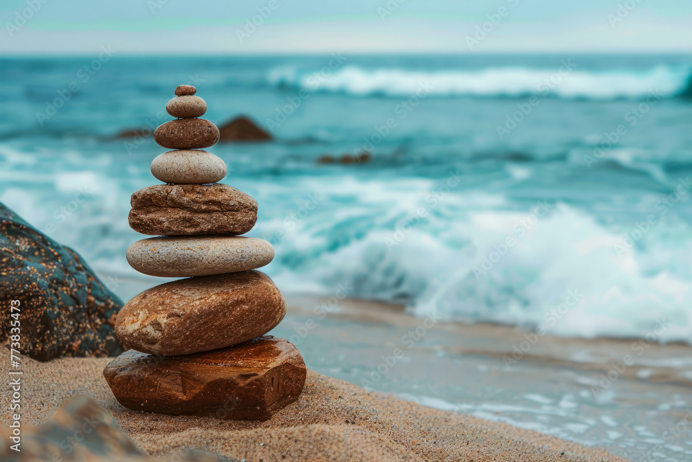 Poster zen stone stack on a sandy beach with waves crashing in the background for tranquility and balance