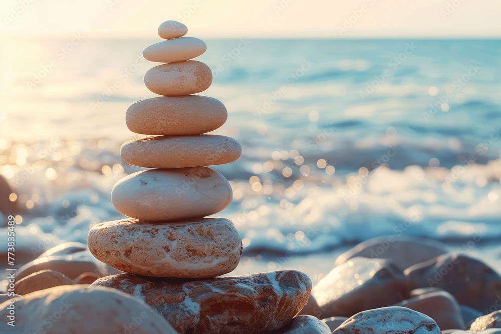Poster zen stone stack on a sandy beach with waves crashing in the background for tranquility and balance