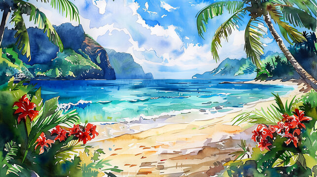 Tropical watercolor scene with a palm tree and vibrant flowers along a sunlit beach