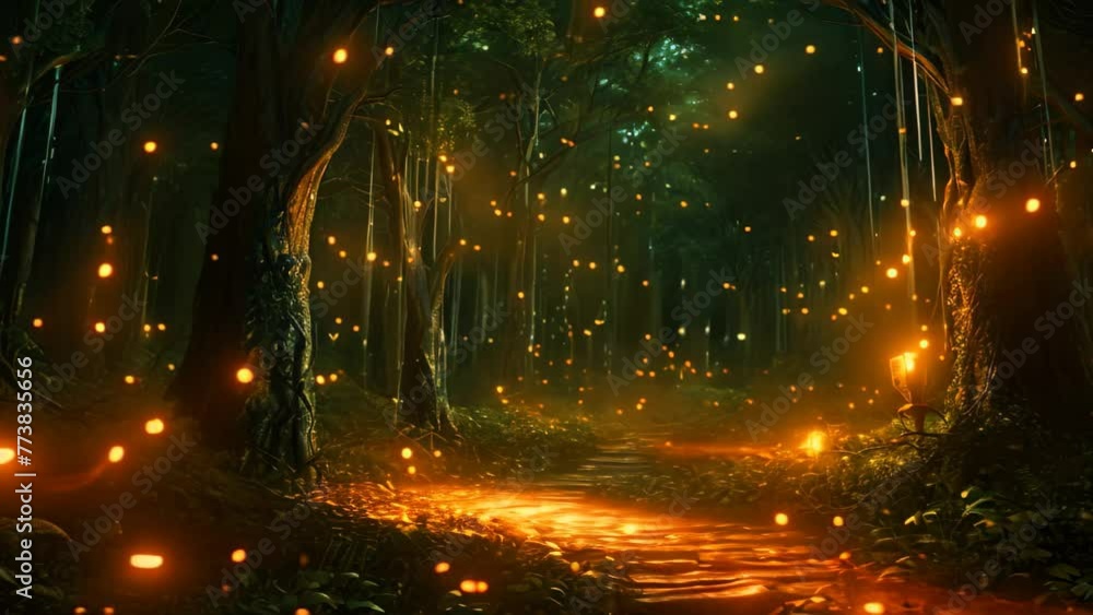 Poster this captivating image captures the brilliance of a forest adorned with countless lights and dense c