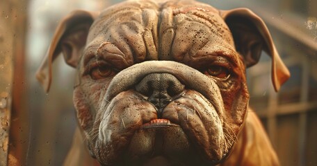 Bulldog, stout and wrinkled, a character full of charm and determination.  - obrazy, fototapety, plakaty