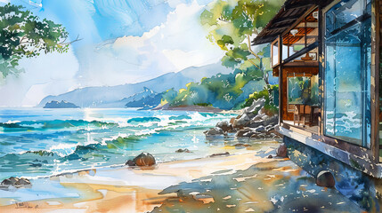 Watercolor depiction of a secluded beach house by the sea, blending tranquility with rustic charm - obrazy, fototapety, plakaty