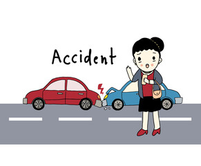 Accidents on road. Woman with car accident, hand drawn style illustration