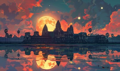Naklejka premium Illustration of the Angkor Wat, Generative AI